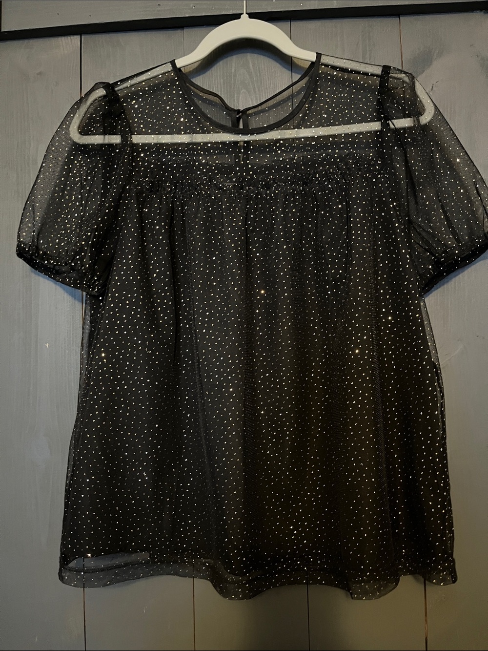 J. Crew Black Sheer Sparkle Puff Sleeve Blouse